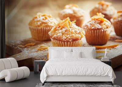 delicious gourmet carrot muffins on a rustic wooden board Wall mural