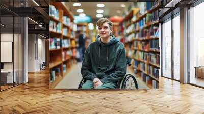 disabled caucasian high school male student in wheelchair at library, teenager, inclusion, academic activities Wall mural