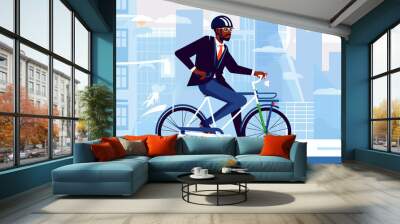 flat vector illustration of black businessman in formal suit riding a bicycle to work in the city Wall mural