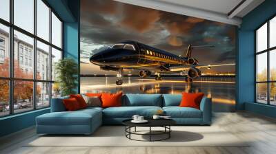 high-end luxury and expensive black and gold private jet at night, billionaire lifestyle Wall mural