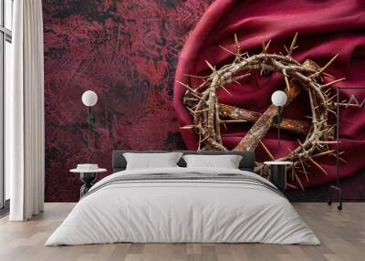 Jesus Christ Crown of thorns on bordeaux fabric background, easter christian celebration Wall mural