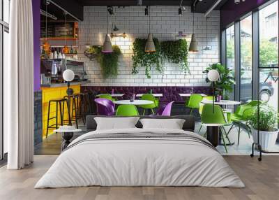 modern cool interior of a coffee shop, vibrant green, purple and orange chairs, white square tile walls Wall mural