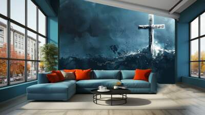 oil painting style illustration of a christian cross on the top of a hill, faith in jesus, space for text, blue color palette Wall mural