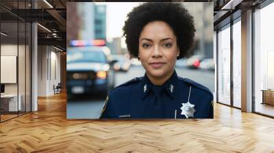 portrait of black female police officer or cop, blurred police car and city in background Wall mural