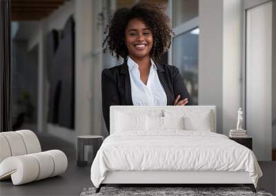 portrait of smiling black woman attorney in black suit, professional trustworthy, lawyer Wall mural