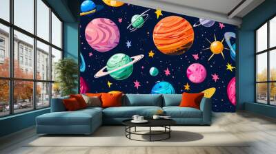 Seamless pattern of celestial bodies including planets, moons, and asteroids in a retro sci-fi style Wall mural