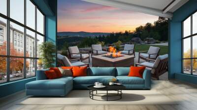 sleek modern fire pit and outdoor furniture in the backyard of a luxury house, sunset summertime day Wall mural