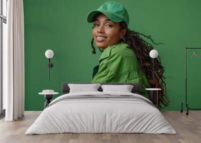 studio photography of happy young black woman wearing a green jacket, green cap in a green studio backdrop, eco-friendly Wall mural