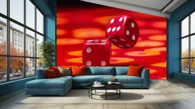 two casino red dices on red surface, lucky strike, close-up Wall mural