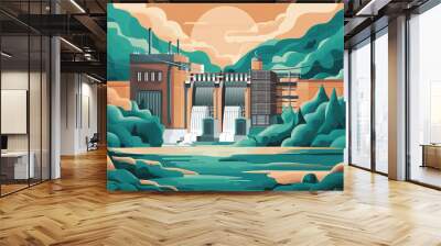 Vector illustration of hydroelectric power station facility Wall mural