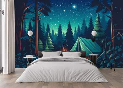 vector style illustration of camping tent and bonfire in the woods at night, lofi vibes Wall mural