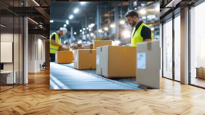 workers in safety vests efficiently packing and labeling boxes on a modern assembly line in a brightly lit warehouse Wall mural