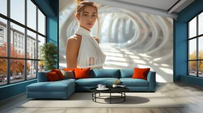 young caucasian woman dressed in white in a futuristic abstract white space with archs Wall mural