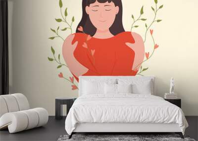 A smiling woman hugs herself. Love yourself, self-care, body care, self-acceptance, positive body concept. Floral elements of nature.Vector flat illustration in cartoon style. Wall mural