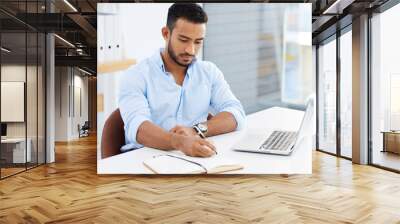 Hard work leads to success. Shot of a young businessman writing in a notebook at work. Wall mural