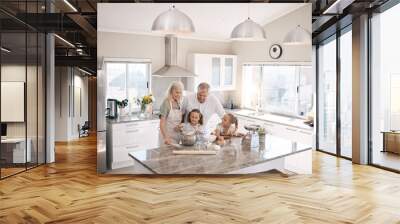 Baking, senior family and children in kitchen bonding, love and learning in morning with breakfast help. Real people or grandparents and girl kids teaching, cooking and food with home development Wall mural