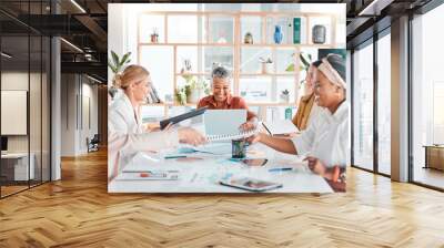 Collaboration, teamwork or documents with business people in meeting for company growth, strategy review or teamwork in office. Group of startup women for SEO, schedule or planning calendar research Wall mural