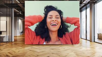 Hands of happy woman play with hair, beauty and smile from Portugal girl feeling freedom, excited and wellness. Happiness, high energy and gen z person with healthy, natural and good curly hair care Wall mural