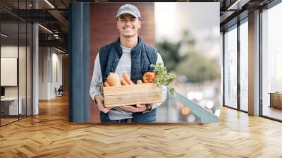 Happy grocery delivery, courier and man with retail sales product, food shopping or door shipping container. Logistics supply chain, health nutritionist portrait and distribution person with package Wall mural