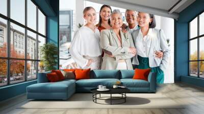 Portrait, diversity and business women support, teamwork and group empowerment for office leadership. Career hug and solidarity of asian, black woman and senior people or employees at global company Wall mural