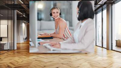 Telemarketing, teamwork and women talking in call center, office or company workplace. Customer service, collaboration and happy female sales agents, consultants or friends in communication or chat. Wall mural