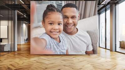 Portrait, selfie and happy father with kid in living room for love, care and bonding together. Face, smile and dad with girl child on sofa for photo pov, picture and family memory in home in Mexico Wall mural