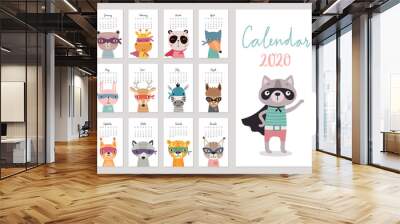 Calendar 2020. Cute monthly calendar with super hero animals. Hand drawn characters. Wall mural