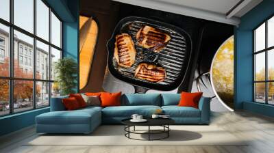 Cooking steak on a pan-grill Wall mural