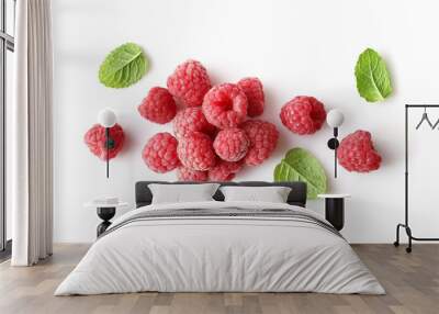 Ripe rasberries and mint isolated on white background. Top view Wall mural