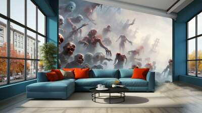 A Large Group Of Zombies In A Foggy Area, Beautiful Illustration Background Wallpaper. Epic Digital Art Style Illustration. Wall mural