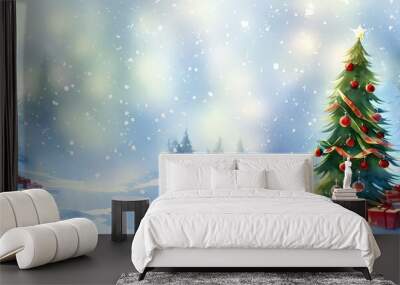 A Painting Of A Christmas Tree In A Snowy Landscape, Amazing Winter Landscape Background Wallpaper. Digital Cg Illustration. Wall mural