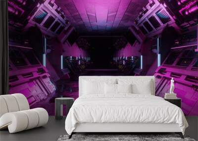 Blue and pink interior with neon lights on panel walls. Futuristic corridor in spaceship laboratory station background. 3d rendering Wall mural