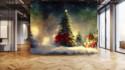 Christmas Trees With Presents In The Snow, Breathtaking Winter View Background Backdrop Wallpaper. Digital Cg Artwork. Wall mural