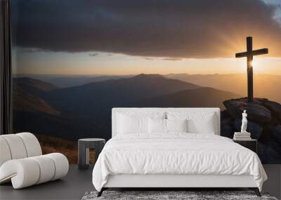 Cross on Mountaintop at Sunset Wall mural