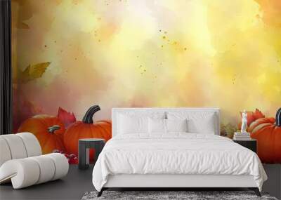 Fall Scene With Pumpkins And Leaves, Amazing Thanksgiving Watercolor Abstract Background. Wall mural