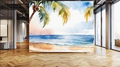 Illustration of tropical beach in daytime. Hand painted watercolor background. Wall mural