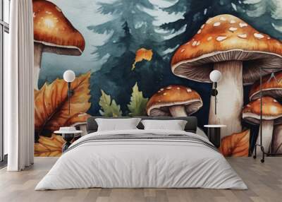 Magical Watercolor Mushrooms Forest Autumn Decor Greeting Cards Social Media Banners Panorama Wall mural