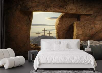 resurrection happy easter he is risen light in the empty tomb with crucifixion at sunrise Wall mural