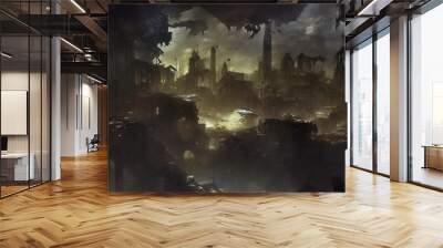 Ruins Of A City With A Lot Of Buildings In The Midst Of The Night, Magnificent Wallpaper Background. Digital Art And Concept Art Illustration. Wall mural