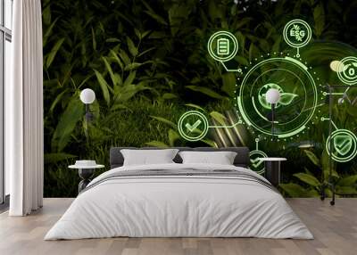 Sustainable business or green company  illustration. light Bulb Concept with connected icons related to environmental protection and eco sustainability in an organization. nature background Wall mural