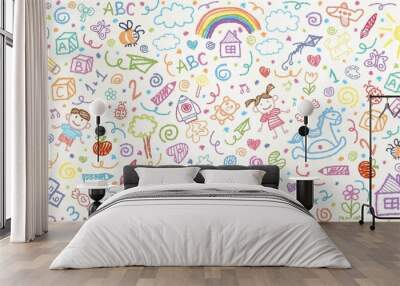 Kindergarten doodles on a white background. Hand-drawn design. Back to school concept Wall mural