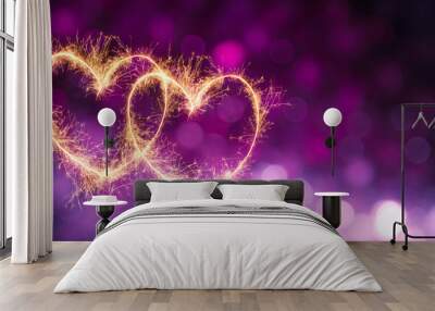 Festive violet purple background with two glowing hearts Wall mural