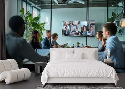 Diverse company employees having online business conference video call on tv screen monitor in board meeting room. Videoconference presentation, global virtual group corporate training, Generative AI Wall mural