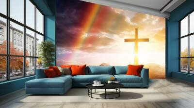 gold sunrise sky, cross jesus hope, rainbow background, golden god cross wallpaper poster design, religion faith, Generative AI Wall mural