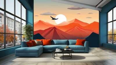 minimalist sunset landscape,  mountain sun sky bird cloud background. vacation holiday adventure concept, Generative AI Wall mural