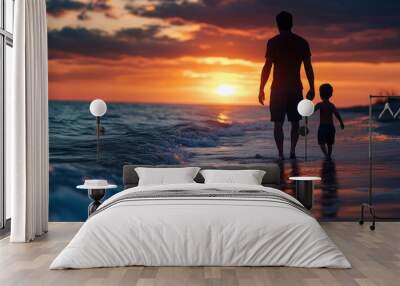 photo of a father and son playing on the beach, sunset, father's day, d, Generative AI Wall mural