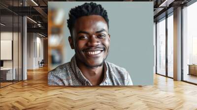 Smiling cheerful young adult african american ethnicity man looking at camera standing at home office background. Happy confident black guy posing for headshot face front closeup portrait,GenerativeAI Wall mural