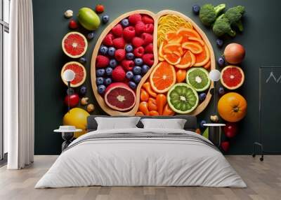 Top view of human brain shaped fruit slices. Nutritions for brain health, Generative AI Wall mural