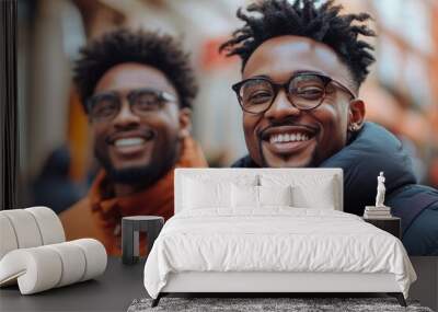 two young and stylish African American men in the city smiling and talking. father and adult son relationship, Generative AI Wall mural