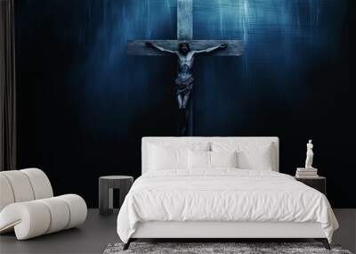 wood jesus cross, dark black blue horror night background, scary haunted thriller theme, good friday, Generative AI Wall mural